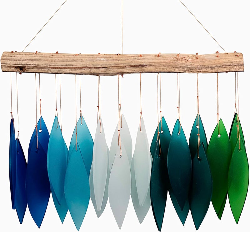 Gift Essentials Blue Handworks Gradient Ocean Waterfall & Driftwood Glass Leaves Chime - Sandblasted Glass and Found Wood Handcrafted Wind Chime - Image 1